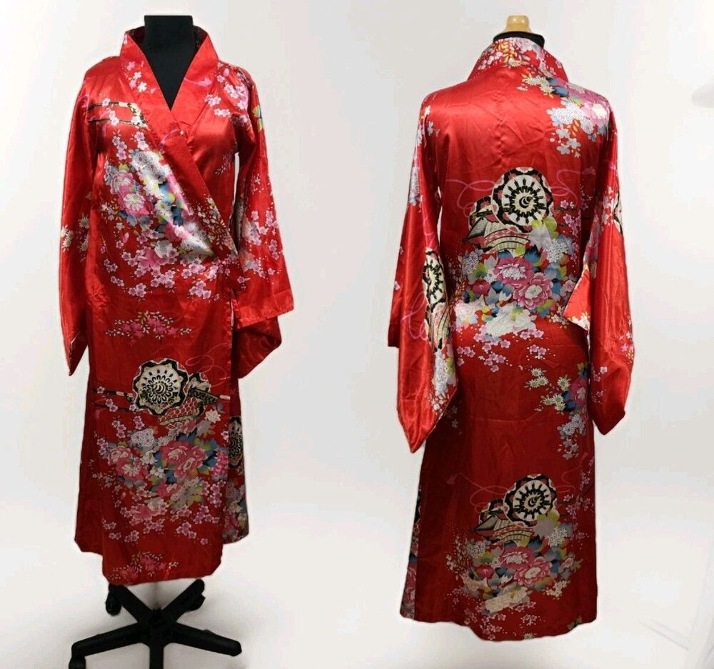 Japanese Kimono Wrap Dress Robe Red Sweet Floral Patten Satin Full Length Womens